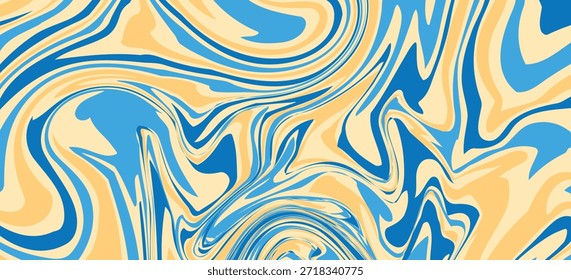Un patrón abstracto brillante y ondulado en azul, crema y amarillo brillante. El diseño de remolino y recortado le da una sensación psicodélica, retro y fluida.