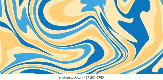 Un patrón abstracto brillante y ondulado en azul, crema y amarillo brillante. El diseño de remolino y recortado le da una sensación psicodélica, retro y fluida. Eps 10