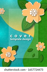Bright wavy background. Creative paper cut flowers and leaves. Stylish modern template for your design. Vector illustration.