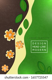 Bright wavy background. Creative paper cut flowers and leaves. Stylish modern template for your design. Vector illustration.