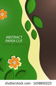 Bright wavy background. Creative paper cut flowers and leaves. Stylish modern template for your design. Vector illustration.