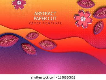 Bright wavy background. Creative paper cut flowers and leaves. Stylish modern template for your design. Vector illustration.