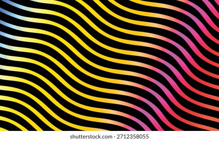 Las líneas brillantes y onduladas en un degradado de azul a amarillo y rosa están dispuestas diagonalmente sobre un fondo negro, creando un patrón abstracto vibrante e hipnotizante.