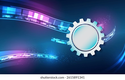 Bright wavy lines with a pixel effect in blue and purple tones create a dynamic and futuristic image. Elements of a digital interface. Modern abstract tech background with a central gear. 