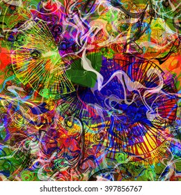 Bright wavy lines twisted into a spiral, colored spots, stylized leaves and feathers. Abstract seamless pattern. Easy editing. Vector