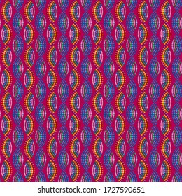 Bright wavy pattern of colorful balls. Vibrant round dots for decoration. Diamonds stripe, Seamless vector illustration. Multipurpose design can be used as cover, poster, flyer or web page background.