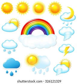 Bright Weather Icons Set With Gradient Mesh, Vector Illustration