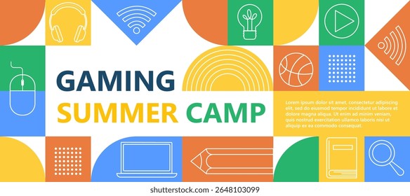 Bright web banner for kids summer gaming camp. Includes icons: computer, mouse, headphones, lightbulb, robot, and fun play elements. Perfect for advertising children’s tech camps.