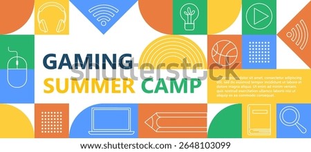 Bright web banner for kids summer gaming camp. Includes icons: computer, mouse, headphones, lightbulb, robot, and fun play elements. Perfect for advertising children’s tech camps.