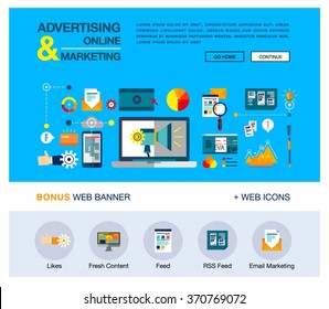 Brillante plantilla de banner web con iconos de esquema de promoción de marketing en línea, investigación de publicidad digital, campaña de SMM. Concepto moderno de negocio de ilustraciones vectoriales para sitios web, infografías.