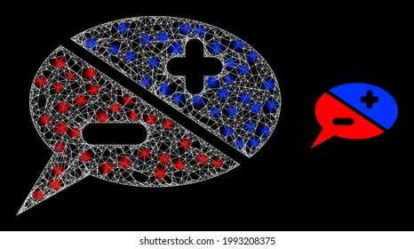 Bright web chat arguments with lightspots. Wire frame 2D mesh generated with crossing white lines and chat arguments icon. White mesh and sparkle frame mesh chat arguments on a black background.