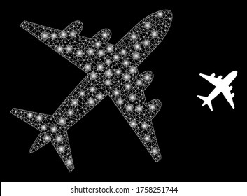Bright web mesh airplane with lightspots. Illuminated vector 2d constellation created from airplane icon. Sparkle frame mesh polygonal airplane. Linear frame 2D mesh in vector format, lines,