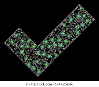Bright web mesh apply tick with glowing spots. Illuminated vector 2d model created from apply tick icon. Sparkle frame mesh polygonal apply tick. Wire frame 2D mesh in vector format, white lines,