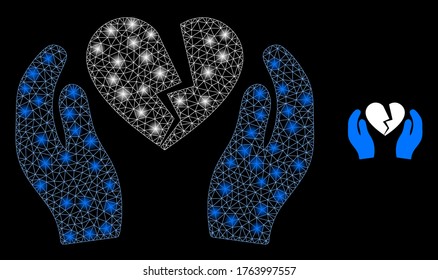 Bright web mesh broken heart care palms with light spots. Illuminated vector 2d constellation created from broken heart care palms icon. Sparkle carcass mesh polygonal broken heart care palms.
