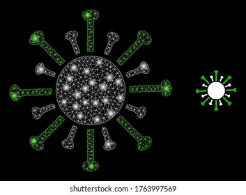 Bright web mesh contagious virus with glowing spots. Illuminated vector 2d constellation created from contagious virus icon. Sparkle carcass mesh polygonal contagious virus.