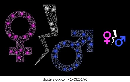 Bright web mesh divorce symbol with light spots. Illuminated vector 2d model created from divorce symbol icon. Sparkle carcass mesh polygonal divorce symbol. Wire carcass 2D mesh in vector format,