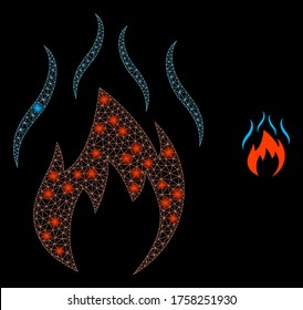 Bright web mesh fire with smoke with glowing spots. Illuminated vector 2d constellation created from fire with smoke icon. Sparkle carcass mesh polygonal fire with smoke.