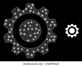 Engranajes de malla de la red brillantes con focos de luz. Modelo vectorial 2d iluminado creado a partir del icono de engranaje. Engranaje poligonal de malla del bastidor de la aguja. Malla plana del marco de alambre en formato vector, líneas, sobre un fondo negro.