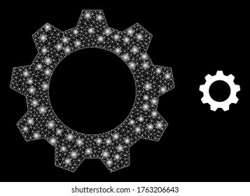 Bright web mesh gearwheel with glowing spots. Illuminated vector 2d model created from gearwheel icon. Sparkle frame mesh polygonal gearwheel. Wire frame 2D network in eps10 vector format, lines,