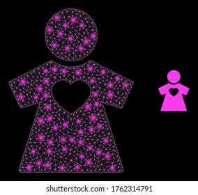 Bright web mesh girlfriend with lightspots. Illuminated vector 2d model created from girlfriend icon. Sparkle frame mesh polygonal girlfriend. Wire frame flat mesh in vector format, lines,