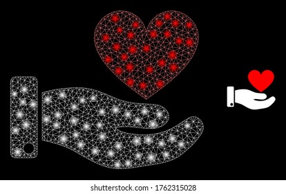 La mano de malla brillante de la red ofrece el corazón amoroso con puntos claros. Constelación vectorial iluminada de 2d creada a partir de la mano ofrecen icono del corazón de amor. La malla de marco espumoso de la mano poligonal ofrece corazón de amor.