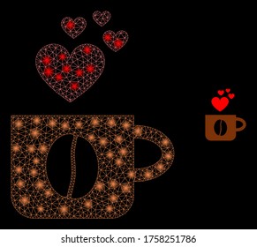 Bright web mesh love coffee cup with glowing spots. Illuminated vector 2d model created from love coffee cup icon. Sparkle frame mesh polygonal love coffee cup. Wire frame 2D mesh in vector format,