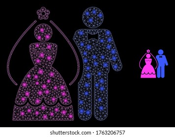 Bright web mesh newlyweds with lightspots. Illuminated vector 2d model created from newlyweds icon. Sparkle frame mesh polygonal newlyweds. Wire frame 2D mesh in eps10 vector format, lines,