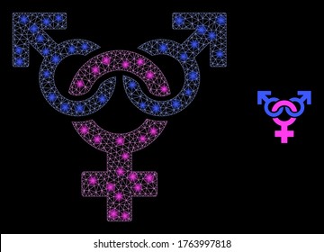 Símbolo poliandrico de malla de tela brillante con manchas luminosas. Modelo de vector 2d iluminado creado a partir del icono de símbolo de poliandrina. Símbolo de poliandrina poligonal de malla de marco de esparcido.