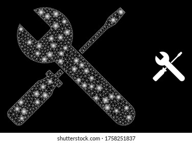 Luminosos destornilladores de malla web y llave con manchas brillantes. Modelo vectorial 2d iluminado creado a partir de destornilladores e icono de llave. Llaveros y llave de la malla de la canal de espuma.