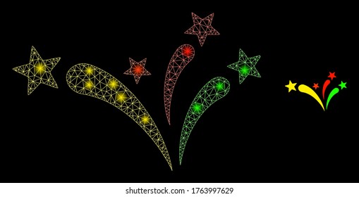 Bright web mesh star fireworks with glowing spots. Illuminated vector 2d constellation created from star fireworks icon. Sparkle carcass mesh polygonal star fireworks.