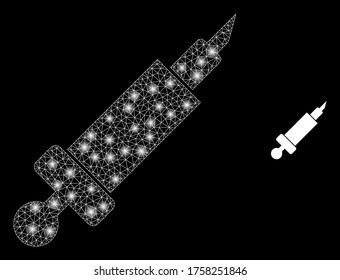 Bright web mesh syringe with lightspots. Illuminated vector 2d constellation created from syringe icon. Sparkle frame mesh polygonal syringe. Wire frame 2D mesh in vector EPS format, lines,