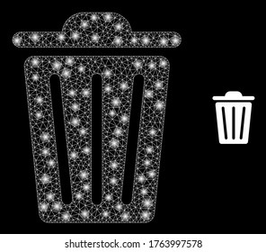 Camión de basura de malla web brillante con puntos de luz. Constelación vectorial iluminada de 2d creada a partir del icono de cubo de basura. Tapa de malla de marco de espuma de basura poligonal. Malla 2D del marco de cables en formato EPS vectorial, líneas,