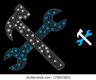 Bright web mesh wrench and hammer with lightspots. Illuminated vector 2d constellation created from wrench and hammer icon. Sparkle carcass mesh polygonal wrench and hammer.