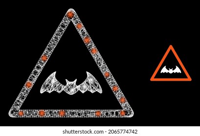 Bright web model bat warning with glowing spots. Wire carcass flat mesh generated with crossed white lines and bat warning icon. White mesh and sparkle frame mesh bat warning on a black background.