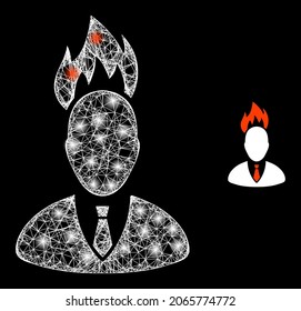 Bright web model fired boss with lightspots. Linear frame 2D mesh generated from crossing white lines and fired boss icon. White mesh and sparkle frame mesh fired boss on a black background.