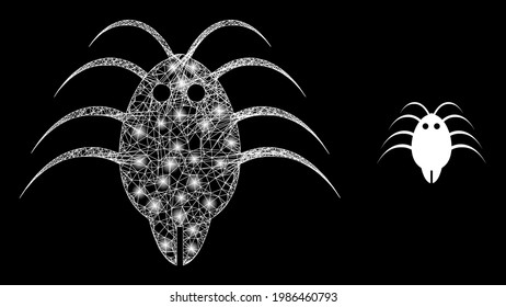 Un modelo web brillante parásito con puntos de luz. Malla plana de marco lineal generada con líneas blancas cruzadas e icono parásito. Parasito poligonal de malla blanca y marco brillante sobre un fondo negro.