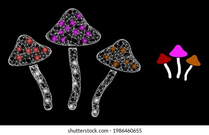 Bright web model psychedelic mushrooms with lightspots. Wire carcass flat mesh generated with crossed white lines and psychedelic mushrooms icon.