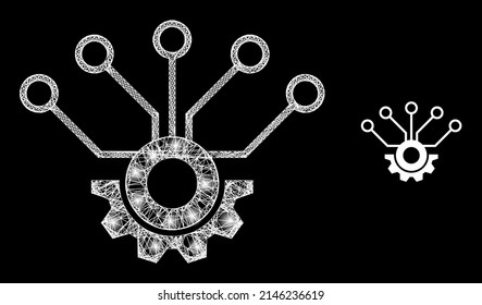 Equipo de sensor de modelo web brillante con manchas luminosas. Malla plana de la canal de cables generada con líneas blancas entrelazadas e icono de hardware del sensor.