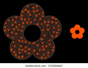 Helle Netzblume mit Leuchtpunkten. Illuminierte Vektor-2D-Konstellation, die aus dem Blumensymbol erstellt wurde. Polygonblume mit glattem Rahmen. Lineares 2D-Maschen in eps10, Vektorformat, Linien,
