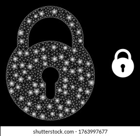 Bright web net lock with lightspots. Illuminated vector 2d model created from lock icon. Sparkle carcass mesh polygonal lock. Linear carcass 2D mesh in eps10 vector format, lines,