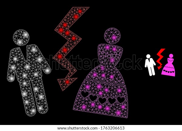 Bright web network divorce\
persons with lightspots. Illuminated vector 2d model created from\
divorce persons icon. Sparkle frame mesh polygonal divorce\
persons.