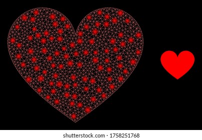 Bright web network love heart with lightspots. Illuminated vector 2d model created from love heart icon. Sparkle carcass mesh polygonal love heart. Wire carcass 2D network in eps10 vector format,