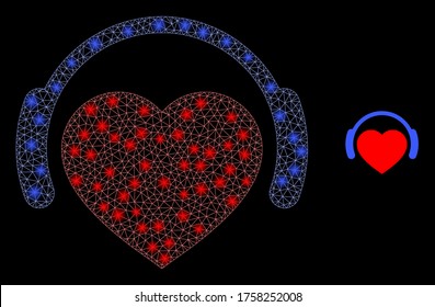 Bright web network romantic heart DJ with glowing spots. Illuminated vector 2d model created from romantic heart DJ icon. Sparkle frame mesh polygonal romantic heart DJ.
