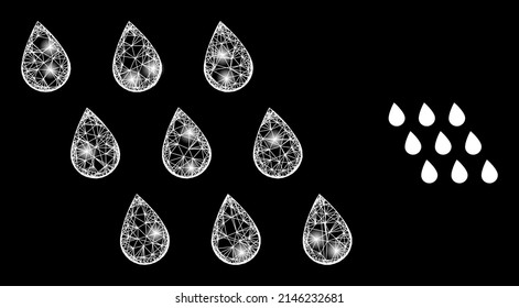 La lluvia brillante de la web cae con focos de luz. Malla plana de canal de cables generada con líneas blancas interseccionadas y icono de caídas de lluvia. La malla blanca y la lluvia de malla de marco brillante caen sobre un fondo negro.
