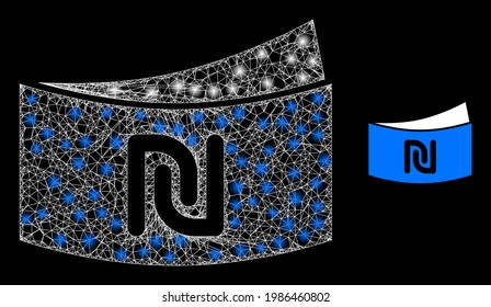 Bright web shekel banknote with glowing spots. Wire frame 2D mesh generated with crossed white lines and shekel banknote icon. White mesh and sparkle frame mesh shekel banknote on a black background.