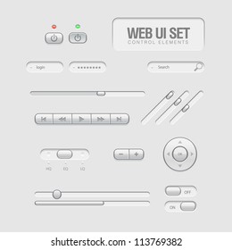 Bright Web UI Elements Design Gray. Buttons, Switches, bars, power buttons, sliders