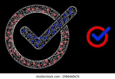 Bright web vote tick con puntos de luz. Malla plana de la canal de cables generada con el cruce de líneas blancas y el icono de la marca de votación. Malla blanca y canal espumoso de la corteza poligonal sobre un fondo negro.