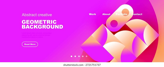 Design de cabeçalho de site brilhante. São dominados gradientes rosa vivo e roxo. Formas geométricas, elementos de texto presentes. Estética moderna.
