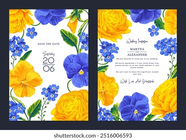 Bright wedding invitation design with realistic flowers of ranunculus, viola and forget-me-not. Floral templates frame and background for your product design, gift cards, covers, social media posts