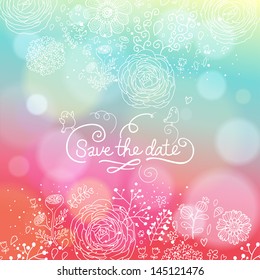 Bright wedding invitation in vector. Delightful Save the Date card in modern style. Adorable romantic card with lovers, heart and bokeh